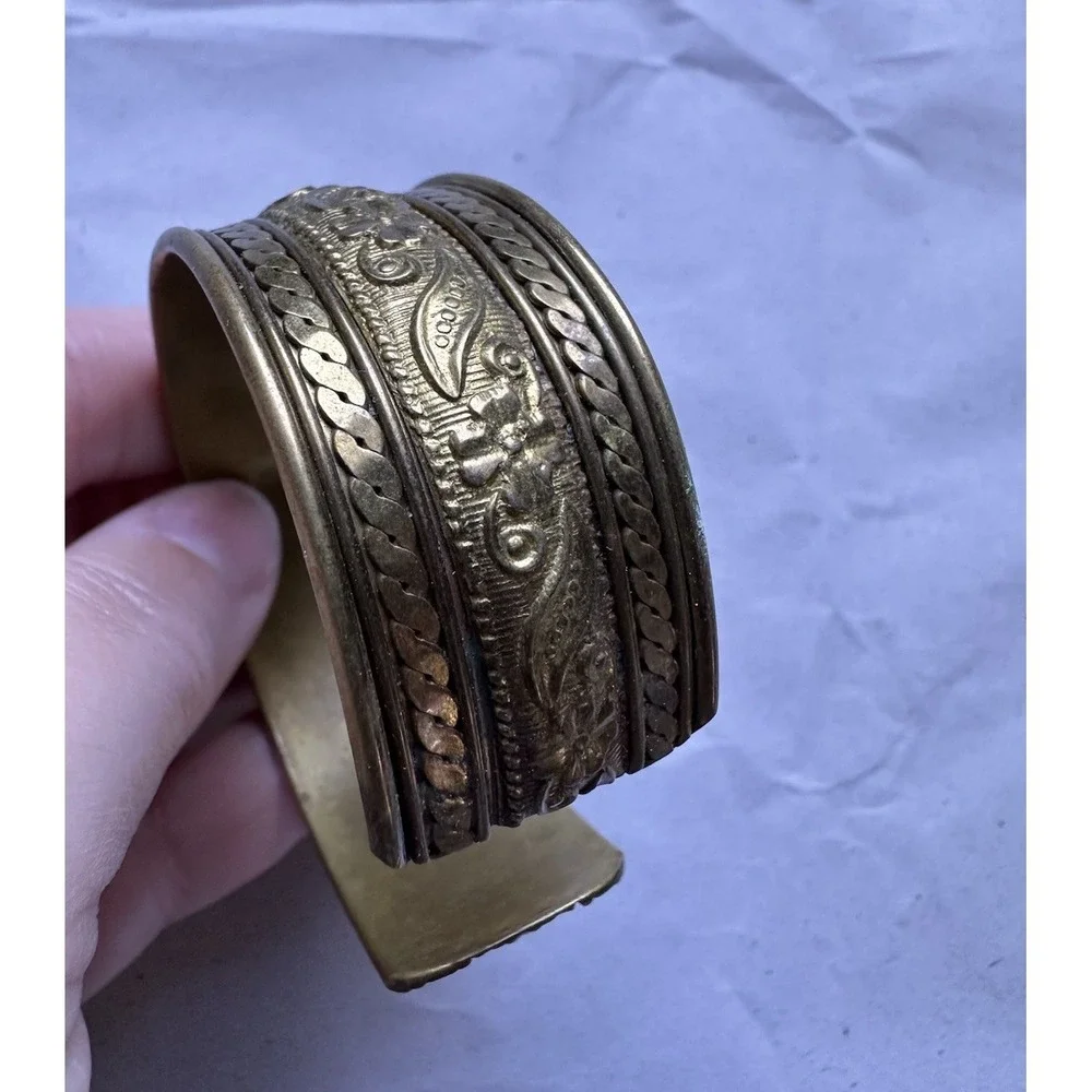Vintage Brass Cuff  Bracelet bohemian or ethnic aesthetic embossed floral design